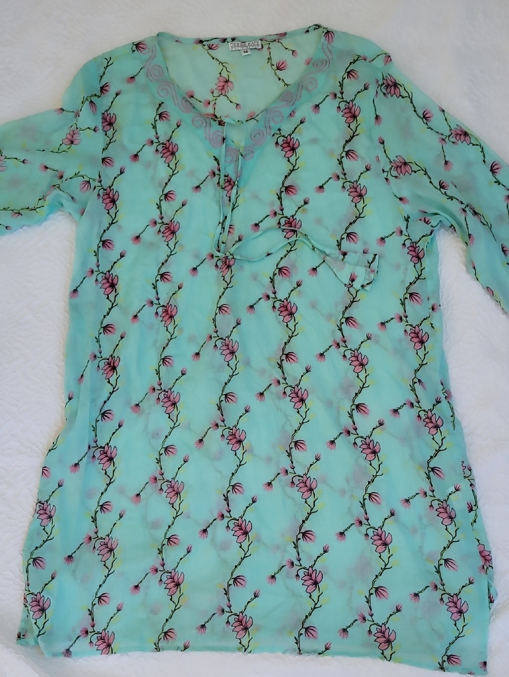 Debbie Katz Josie Airy Cotton Coverup Aqua & Pink Floral, Size M